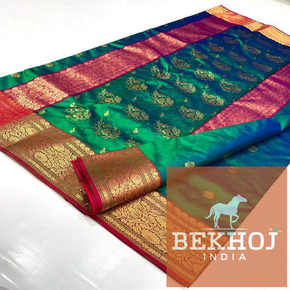 Handwoven Design Chanderi Peacock Blue Pattu Silk Saree