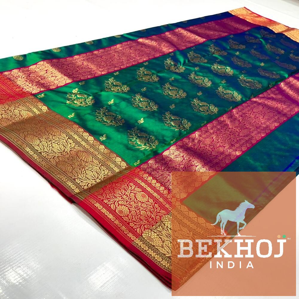 Handwoven Design Chanderi Peacock Blue Pattu Silk Saree