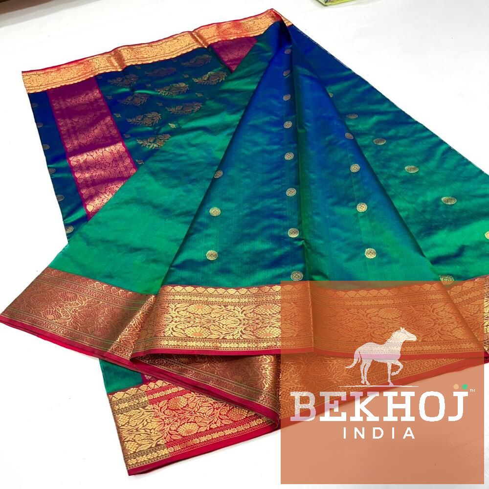 Handwoven Design Chanderi Peacock Blue Pattu Silk Saree