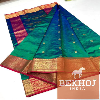 Handwoven Design Chanderi Peacock Blue Pattu Silk Saree